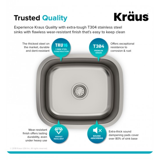 Kraus KBU11 20 3/4" Single Bowl Undermount Stainless Steel Square Kitchen Sink