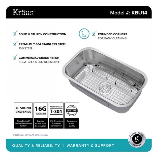 Kraus KBU14 31 1/2" Single Bowl Undermount Stainless Steel Rectangular Kitchen Sink