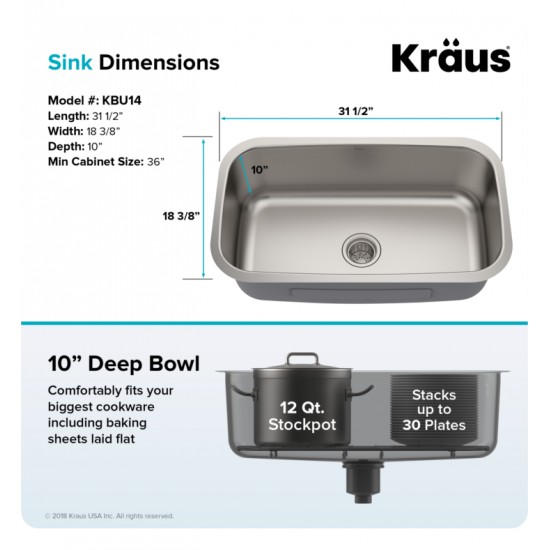 Kraus KBU14 31 1/2" Single Bowl Undermount Stainless Steel Rectangular Kitchen Sink