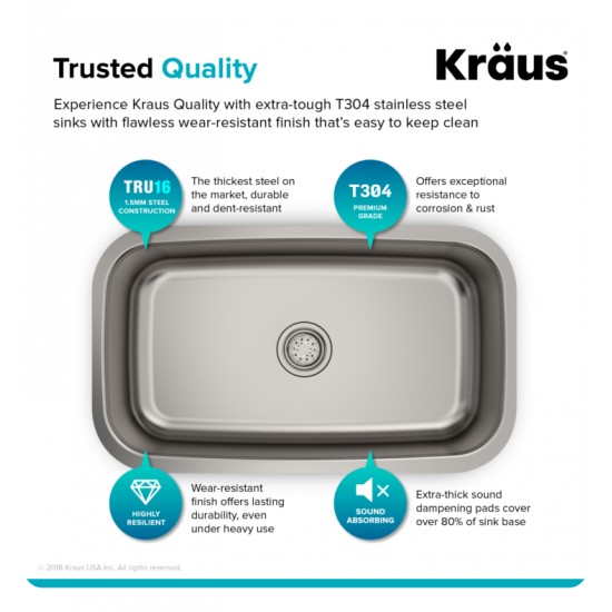 Kraus KBU14 31 1/2" Single Bowl Undermount Stainless Steel Rectangular Kitchen Sink