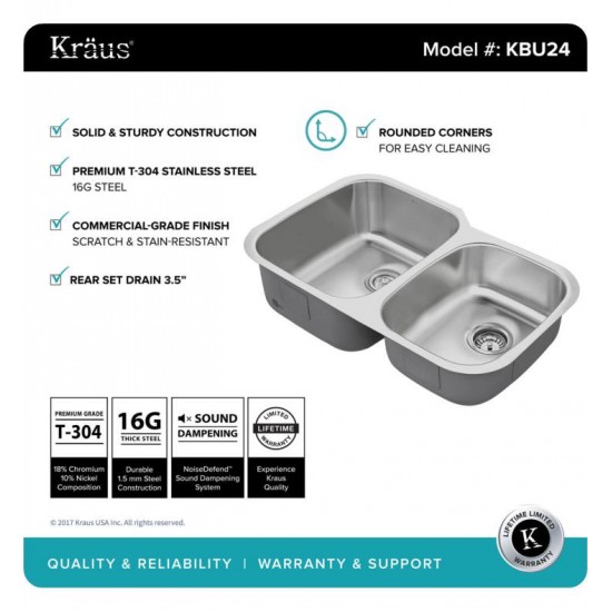 Kraus KBU24 32" Double Bowl Undermount Stainless Steel Rectangular Kitchen Sink