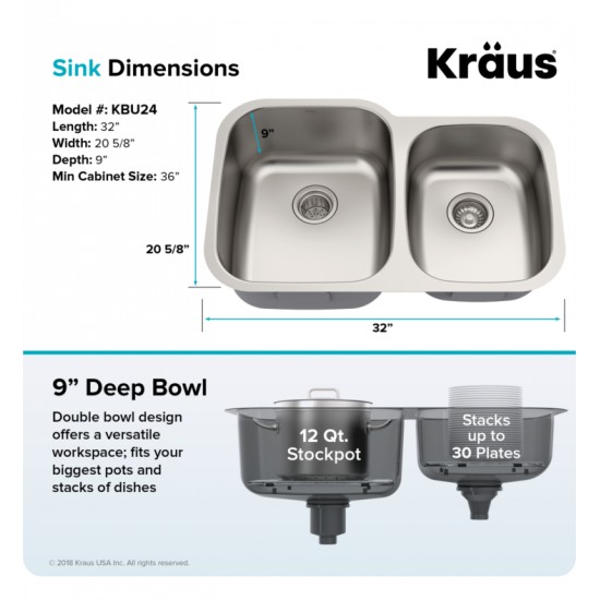 Kraus KBU24 32" Double Bowl Undermount Stainless Steel Rectangular Kitchen Sink