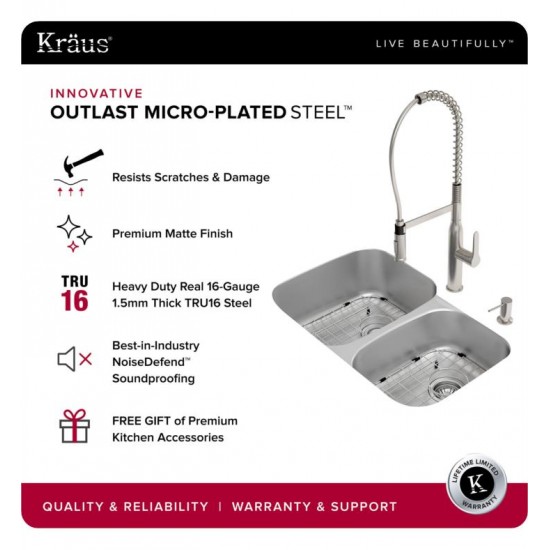 Kraus KBU24E Outlast MicroShield 32" Double Bowl Undermount Stainless Steel Rectangular Kitchen Sink