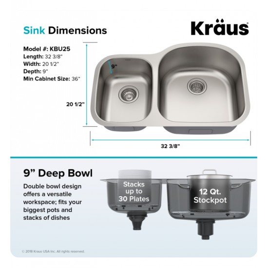 Kraus KBU25 32 3/8" Double Bowl Undermount Stainless Steel Rectangular Kitchen Sink