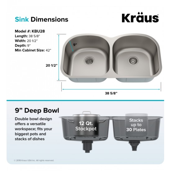 Kraus KBU28 38 5/8" Double Bowl Undermount Stainless Steel Rectangular Kitchen Sink