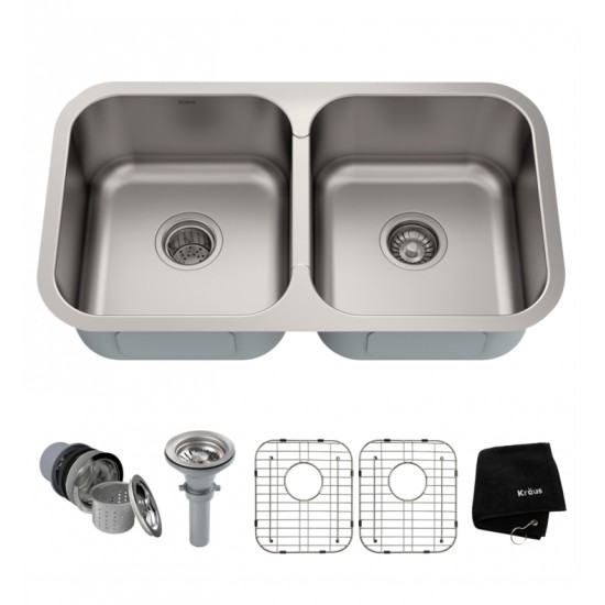 Kraus KBU29 31 3/8" Double Bowl Undermount Stainless Steel Rectangular Kitchen Sink