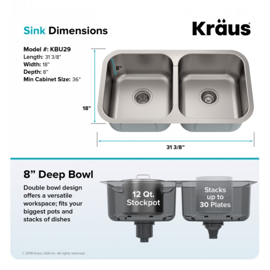 Kraus KBU29 31 3/8" Double Bowl Undermount Stainless Steel Rectangular Kitchen Sink