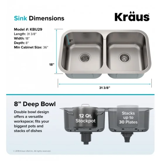 Kraus Premier Undermount 32-in x 19-in Stainless Steel Nickel Double Equal  Bowl Kitchen Sink in the Kitchen Sinks department at