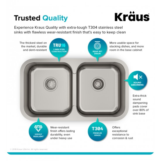 Kraus KBU29 31 3/8" Double Bowl Undermount Stainless Steel Rectangular Kitchen Sink