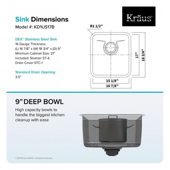 Kraus KD1US17B Dex 16 7/8" Single Bowl Undermount Stainless Steel Kitchen Sink