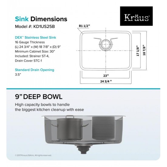 Kraus KD1US25B Dex 24 3/4" Single Bowl Undermount Stainless Steel Rectangular Kitchen Sink