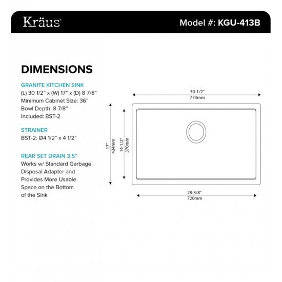 Kraus KGU-413B 30 1/2" Single Bowl Undermount Granite Composite Rectangular Kitchen Sink