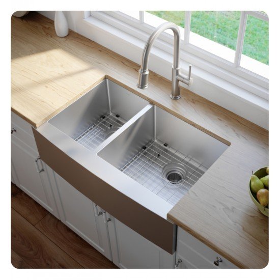 Kraus KHF204-33 32 7/8" Double Bowl Farmhouse/Apron Front Stainless Steel Rectangular Kitchen Sink