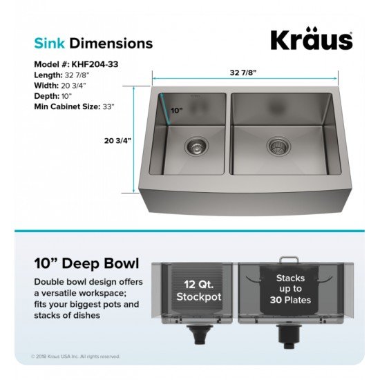 Kraus KHF204-33 32 7/8" Double Bowl Farmhouse/Apron Front Stainless Steel Rectangular Kitchen Sink
