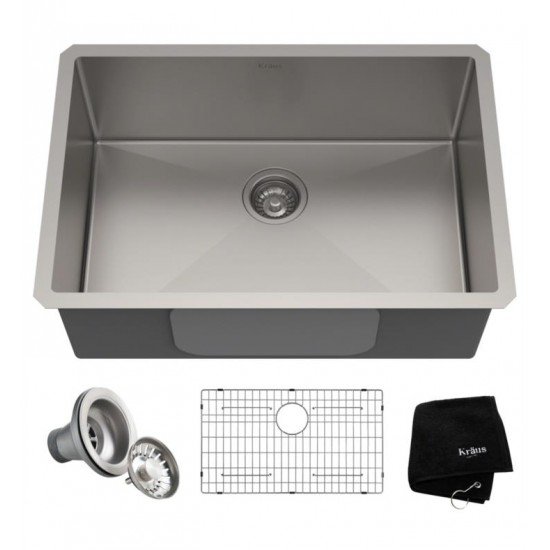 Kraus KHU100-28 Standart Pro 28" Single Bowl Undermount 16 Gauge Stainless Steel Kitchen Sink with Noisedefend Soundproofing
