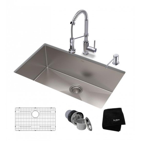 Kraus KHU100-30-1610-53 Standart Pro 30" Single Bowl Undermount Stainless Steel Kitchen Sink with Pull-Down Kitchen Faucet and Soap Dispenser