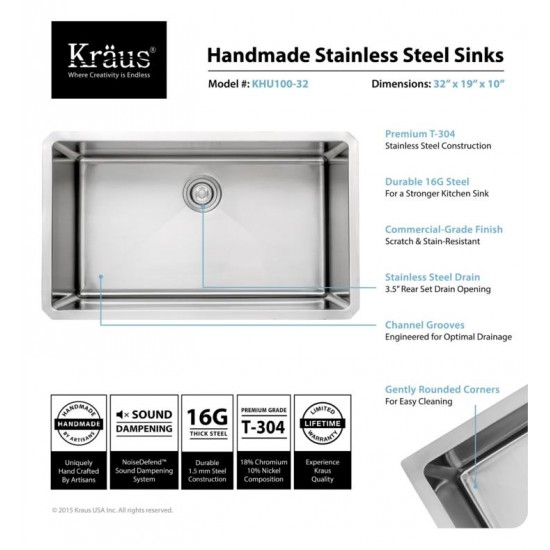 Kraus KHU100-32-1630-42 32" Single Bowl Undermount Stainless Steel Kitchen Sink with Pull Down Faucet and Soap Dispenser