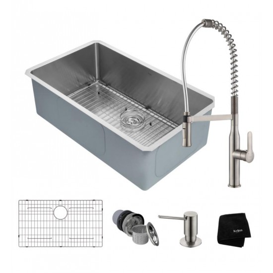 Kraus KHU100-32-1650-41 32" Single Bowl Undermount Stainless Steel Kitchen Sink with Pull-Down Kitchen Faucet and Soap Dispenser