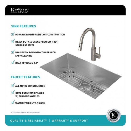 Kraus KHU100-32-2620-41SS 32" Single Bowl Undermount Stainless Steel Kitchen Sink with Pull-Down Kitchen Faucet and Soap Dispenser