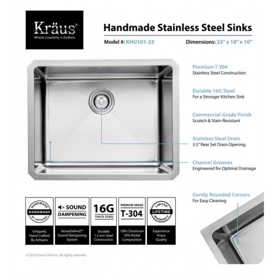 Kraus KHU101-23-1630-42 23" Single Bowl Undermount Stainless Steel Kitchen Sink with Nola Pull Down Kitchen Faucet and Soap Dispenser
