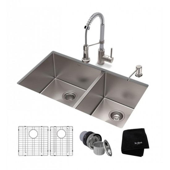 Kraus KHU103-33-1610-53 Standart Pro 32 3/4" Double Bowl Undermount Kitchen Sink with Commercial Pull-Down Kitchen Faucet