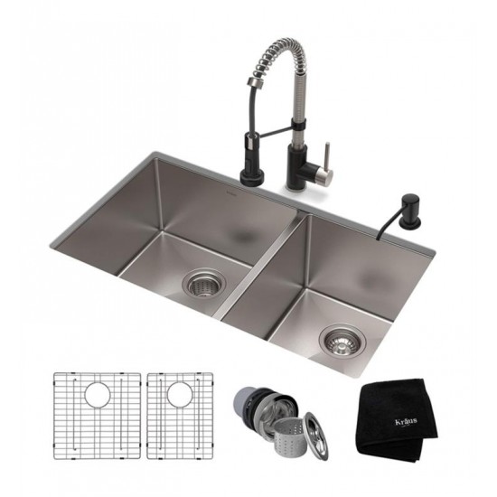 Kraus KHU103-33-1610-53 Standart Pro 32 3/4" Double Bowl Undermount Kitchen Sink with Commercial Pull-Down Kitchen Faucet