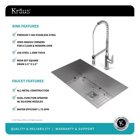 Kraus KHU32-1650-41 Pax 30 1/2" Single Bowl Undermount Stainless Steel Kitchen Sink with Pre-Rinse Kitchen Faucet and Soap Dispenser