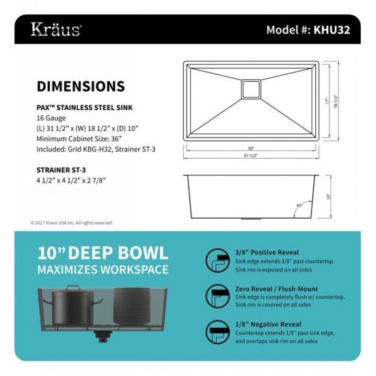 Kraus KHU32-1650-41 Pax 30 1/2" Single Bowl Undermount Stainless Steel Kitchen Sink with Pre-Rinse Kitchen Faucet and Soap Dispenser