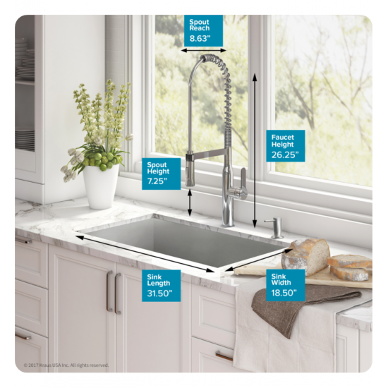 Kraus KHU32-1650-41 Pax 30 1/2" Single Bowl Undermount Stainless Steel Kitchen Sink with Pre-Rinse Kitchen Faucet and Soap Dispenser