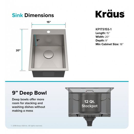 Kraus KP1TS15S-1 Pax 15" Single Bowl Drop-In Stainless Steel Rectangular Kitchen Sink