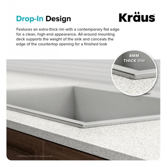 Kraus KP1TS15S-1 Pax 15" Single Bowl Drop-In Stainless Steel Rectangular Kitchen Sink