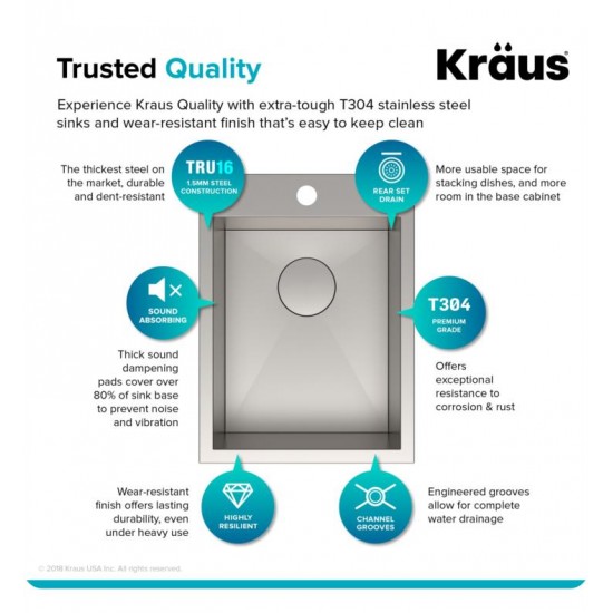 Kraus KP1TS15S-1 Pax 15" Single Bowl Drop-In Stainless Steel Rectangular Kitchen Sink