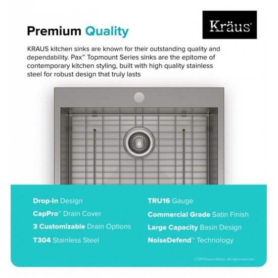 Kraus KP1TS25S-1 Pax 25" Single Bowl Drop-In Stainless Steel Rectangular Kitchen Sink in Satin Nickel with One Pre-Drilled Hole