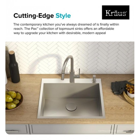 Kraus KP1TS25S-1 Pax 25" Single Bowl Drop-In Stainless Steel Rectangular Kitchen Sink in Satin Nickel with One Pre-Drilled Hole