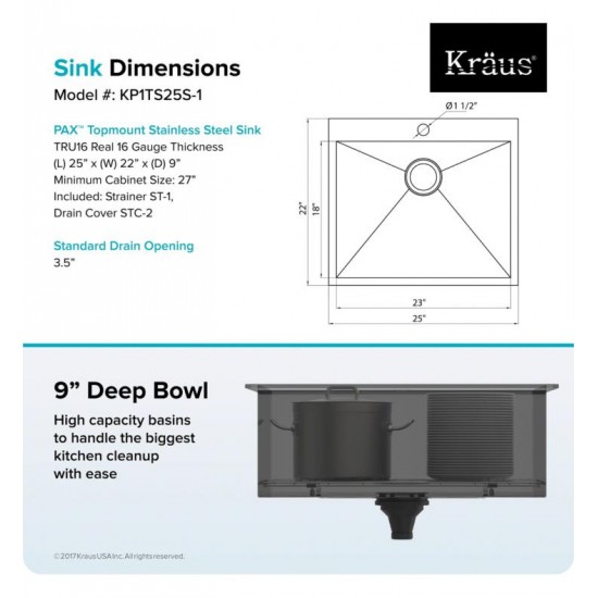 Kraus KP1TS25S-1 Pax 25" Single Bowl Drop-In Stainless Steel Rectangular Kitchen Sink in Satin Nickel with One Pre-Drilled Hole