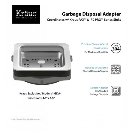 Kraus GDA-1 Pax 4 1/2" Stainless Steel Garbage Disposal Adapter with Splash Guard and Strainer