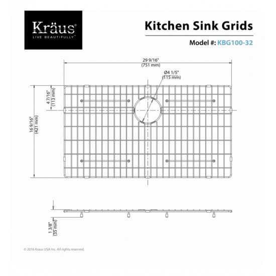Kraus KBG-100-32 29 5/8" Stainless Steel Bottom Sink Grid with Protective Anti-Scratch Bumpers for KHU100-32 Kitchen Sink