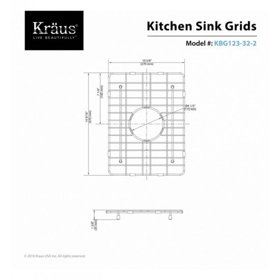 Kraus KBG-123-32-2 10 5/8" Stainless Steel Bottom Sink Grid with Protective Anti-Scratch Bumpers for Right Bowl Kitchen Sink