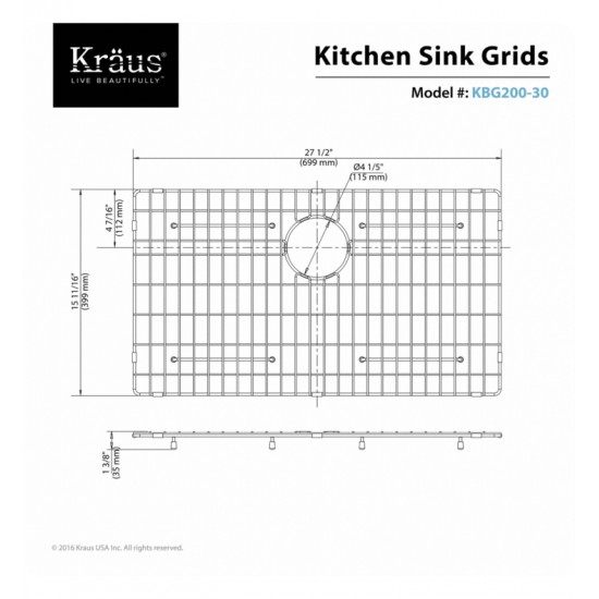 Kraus KBG-200-30 27 1/2" Stainless Steel Bottom Sink Grid with Protective Anti-Scratch Bumpers for KHF200-30 Kitchen Sink