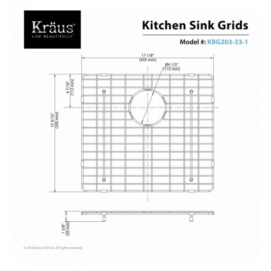 Kraus KBG-203-33-1 17 1/8" Stainless Steel Bottom Sink Grid with Protective Anti-Scratch Bumpers for Left Bowl Kitchen Sink