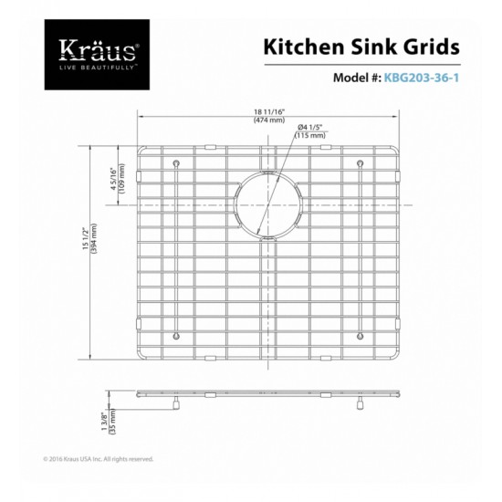 Kraus KBG-203-36-1 18 3/4" Stainless Steel Bottom Sink Grid with Protective Anti-Scratch Bumpers for Left Bowl Kitchen Sink