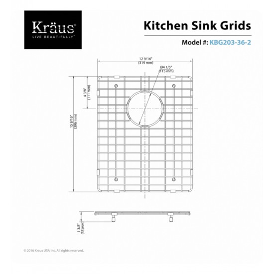 Kraus KBG-203-36-2 12 5/8" Stainless Steel Bottom Sink Grid with Protective Anti-Scratch Bumpers for Right Bowl Kitchen Sink