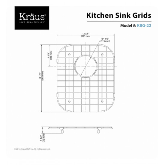 Kraus KBG-22 12 3/8" Stainless Steel Bottom Sink Grid with Protective Anti-Scratch Bumpers for KBU22 Kitchen Sink