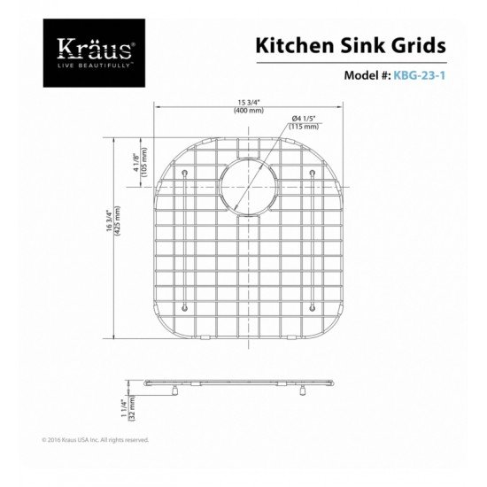 Kraus KBG-23-1 15 3/4" Stainless Steel Bottom Sink Grid with Protective Anti-Scratch Bumpers for Left Bowl Kitchen Sink