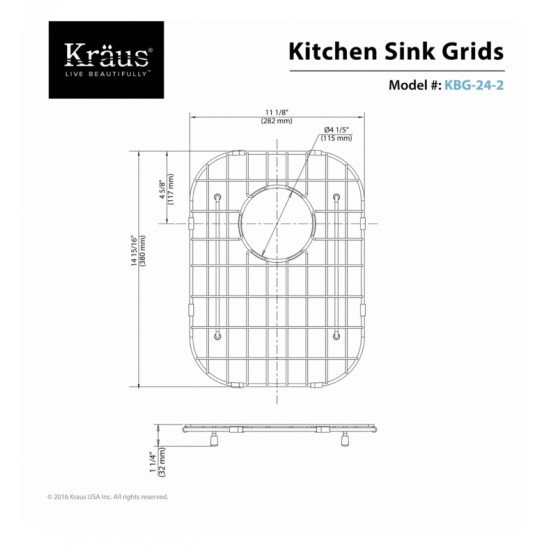 Kraus KBG-24-2 11 1/8" Stainless Steel Bottom Sink Grid with Protective Anti-Scratch Bumpers for Right Bowl Kitchen Sink