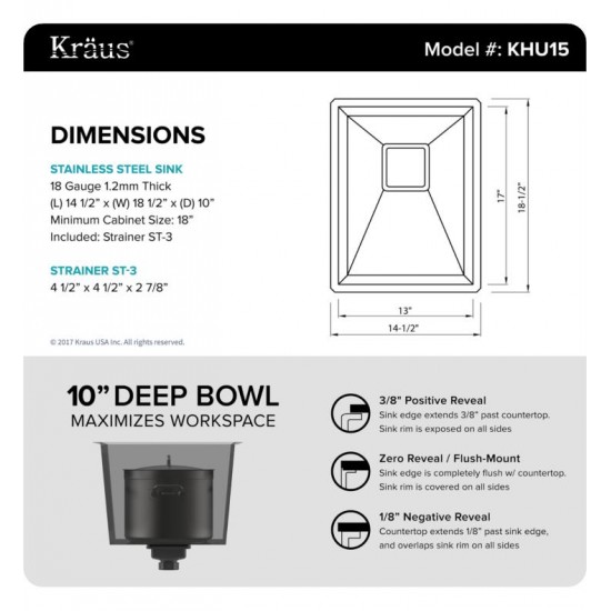Kraus KHU15 Pax 14 1/2" Single Bowl Undermount Stainless Steel Rectangular Bar/Prep Kitchen Sink