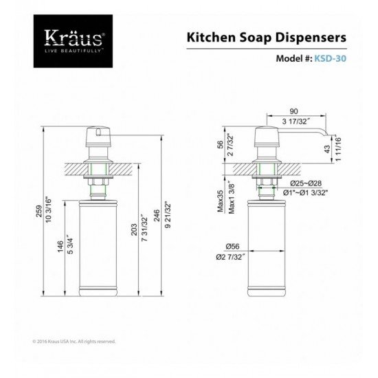 Kraus KSD-30 3 1/2" Deck Mounted Solid Brass Soap Dispenser