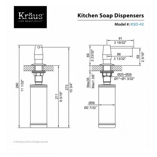 Kraus KSD-42 3 5/8" Deck Mounted Solid Brass Soap Dispenser