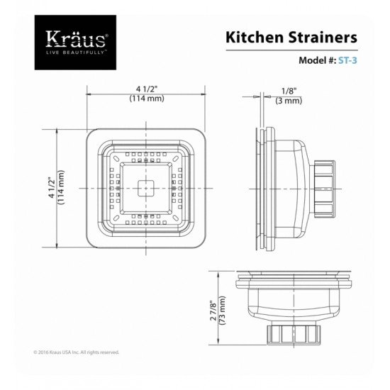Kraus ST-3 Pax 4 1/2" Stainless Steel Strainer for Kitchen Sink