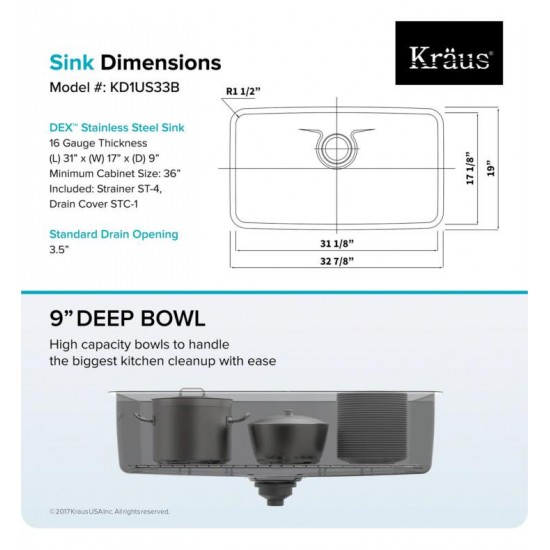 Kraus KD1US33B Dex 32 7/8" Single Bowl Undermount Stainless Steel Rectangular Kitchen Sink